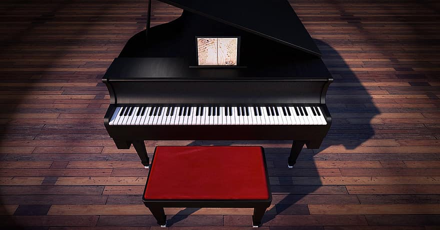 пиано, крило, музика, инструмент, клавиши за пиано, клавирен инструмент, клавиатура за пиано, столче за пиано, 3d