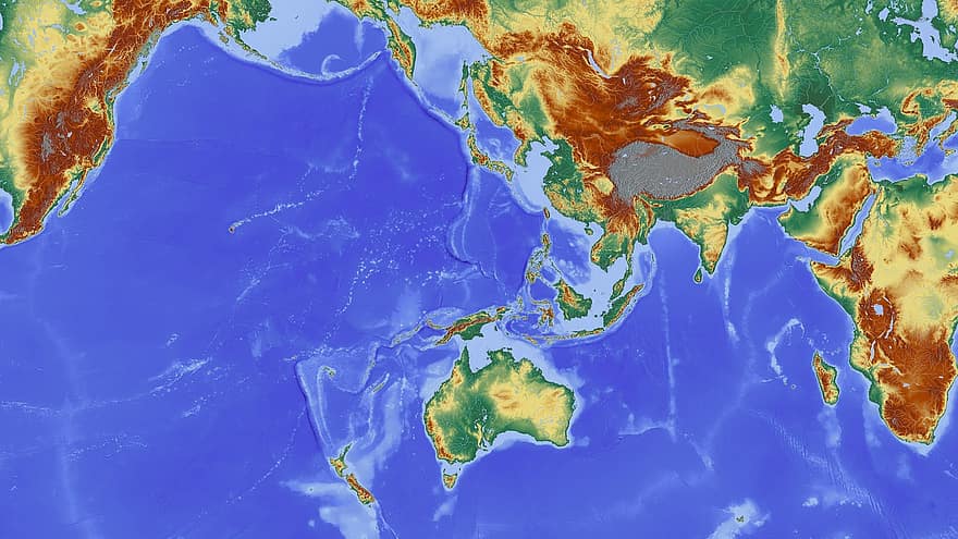 Asia, India, Nepal, Australia, Oceanul Indian, Hartă, hartă de relief, profil de înălțime, Structura înălțimii, culoare, cartografie