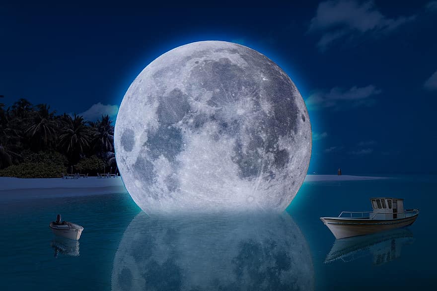 kuu, järvi, yö-, öinen, saari, lähikuva, veneet, luonto, sininen, planeetta, tila