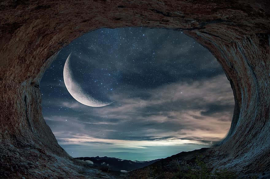 परिदृश्य, गुफा, चांद, सांझ, रात, आकाश, सितारे, रात का आसमान, वर्धमान चाँद