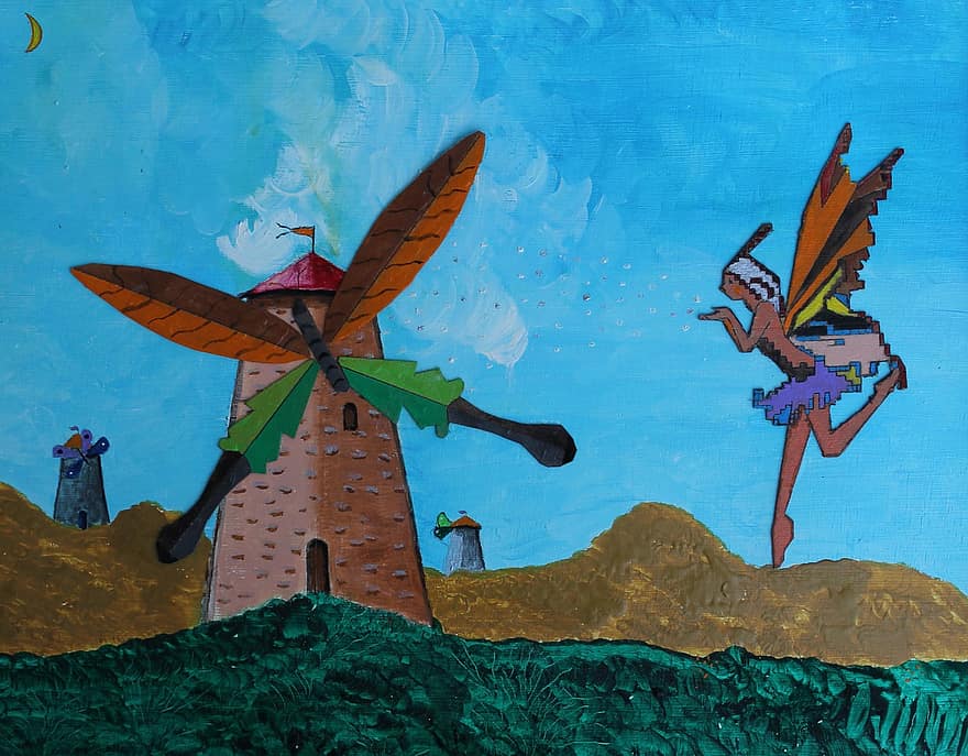 Mill, Wind, Windmill, Wings, Art, Naive