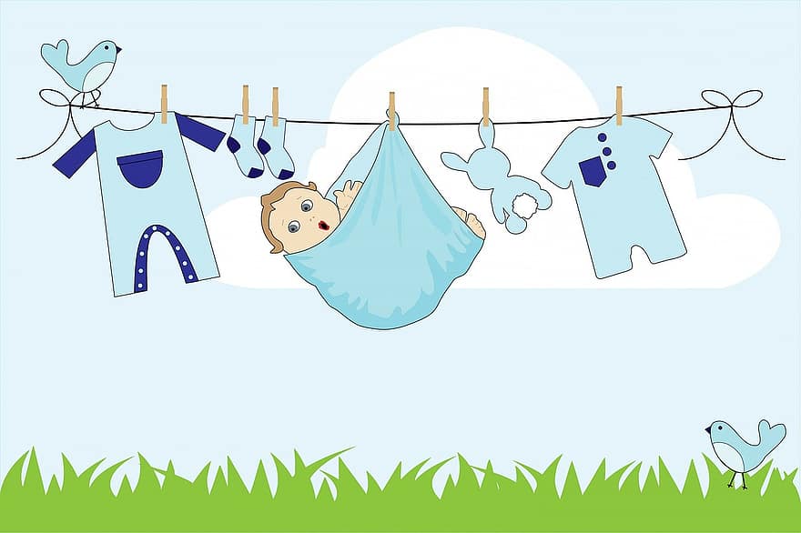 nadó, noi, nen petit, roba, línia, bugaderia, rentat, línia de roba, blau, cel, núvols