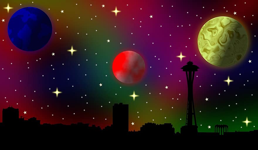 시애틀, 천문학, 지평선, 밤, 행성, 하늘, 공간, 경계표, 공간 바늘, 미국