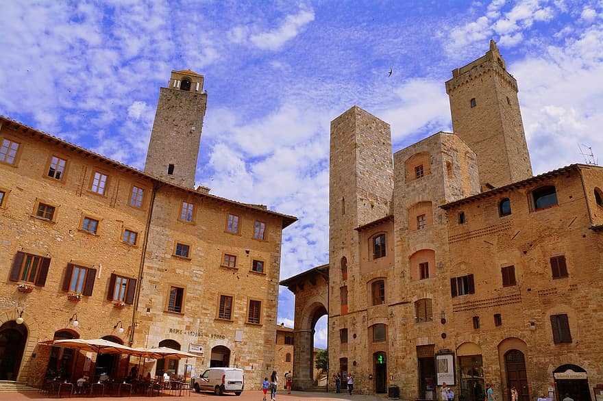 paleizen, oude, hemel, wolken, torre, architectuur, bouw, heilige gimignano, Toscane, Italië