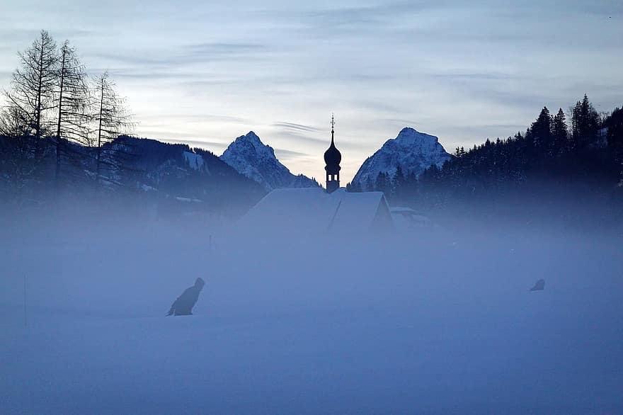 Mountains, Church Tower, Snow, Fog, Winter, mountain, landscape, christianity, religion, ice, travel