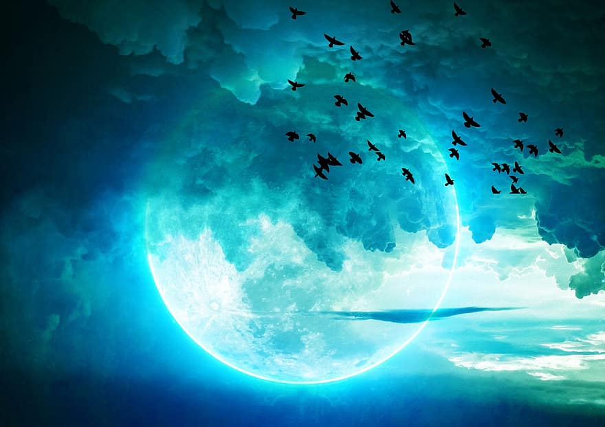 lua, céu, terra, azul, planeta, ficção científica, fantasia, passarinhos, nuvens, tormentoso, místico