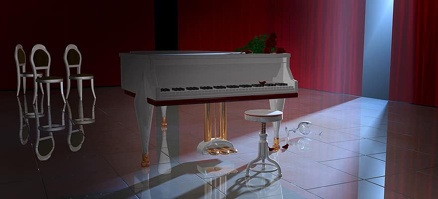 klavír, stolice, Zatažená opona, rozbité sklo, růže, světlo