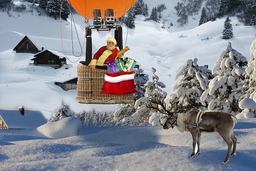 Santa Claus, Nicholas, Reindeer, Balloon, Gifts, Flying, Surprise, Christmas Motif
