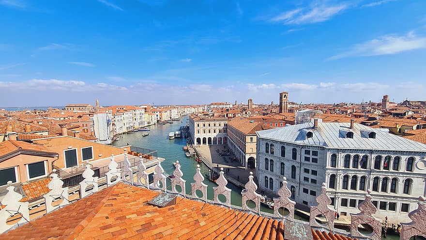 ciudad, Italia, Venecia, techos, arquitectura, histórico, turismo, agua, barcos, verano, nubes