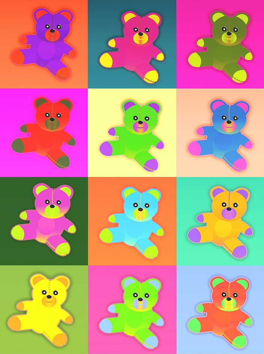 teddy, Teddybjørn, plysjleker, kosedyr, farge, mange, mye, bakgrunn, diamanter, popart, pop