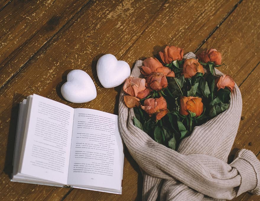 Valentine's Day, Flowers, Book, Still Life, Cozy, Cozy Aesthetic, wood, love, romance, table, day