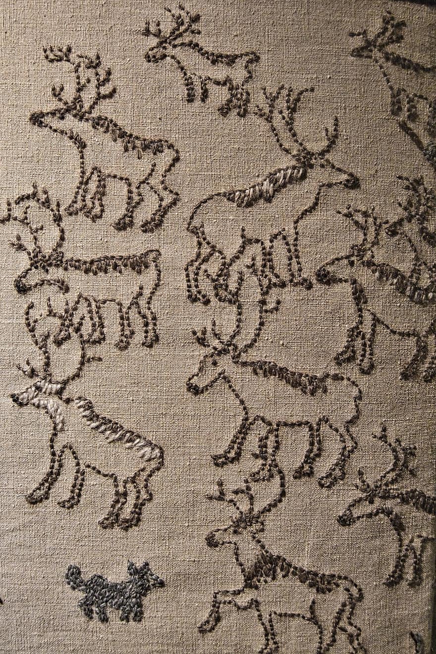 bordado, rena, animal, tapeçaria, costura, arredondar para cima, simples, têxtil