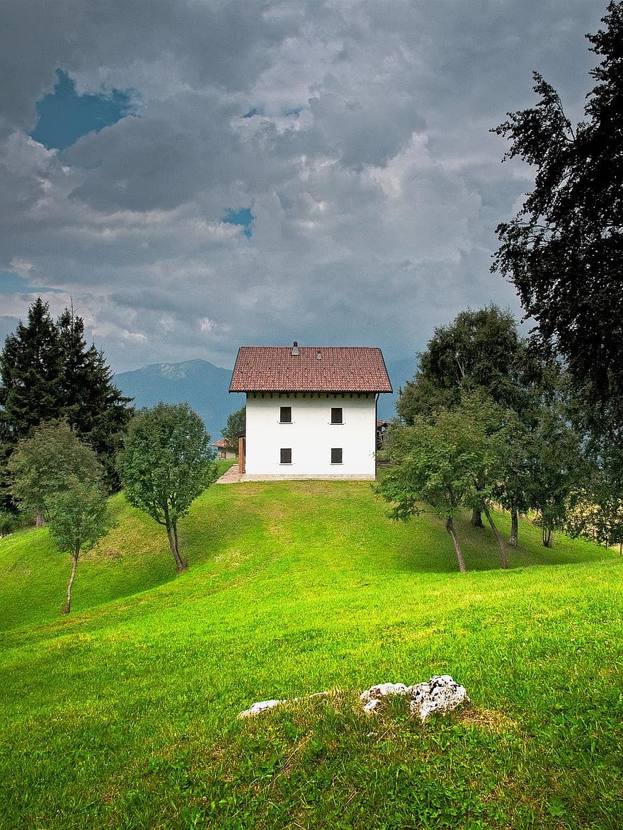 Cottage, House, Mountain, Lawn, Countryside, grass, rural scene, meadow, summer, tree, green color