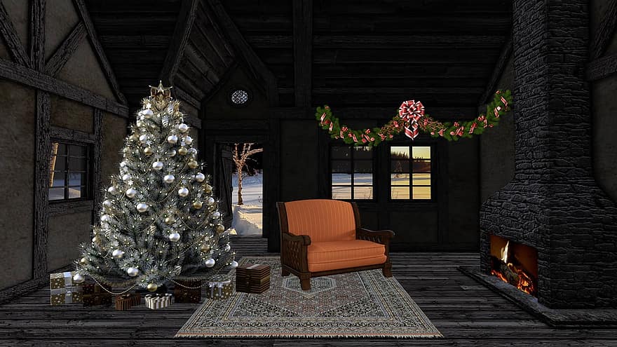 Nadal, sala d'estar, llar de foc, arbre de Nadal, xemeneia, regals, decoració, neu, hivern, butaca, a l'interior