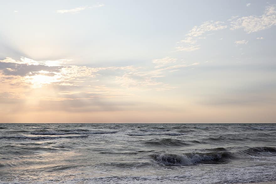 hav, Azovhavet, solopgang, horisont, himmel, baggrund, marinemaleri, bølger, Crash