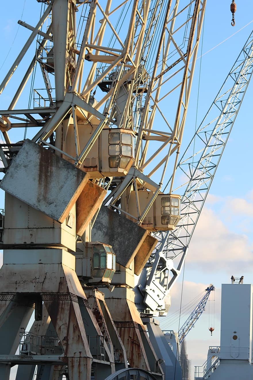 Port, Old Cranes, Cranes, Loading, Loading Dock, Machinery, Heavy Machinery, Pier