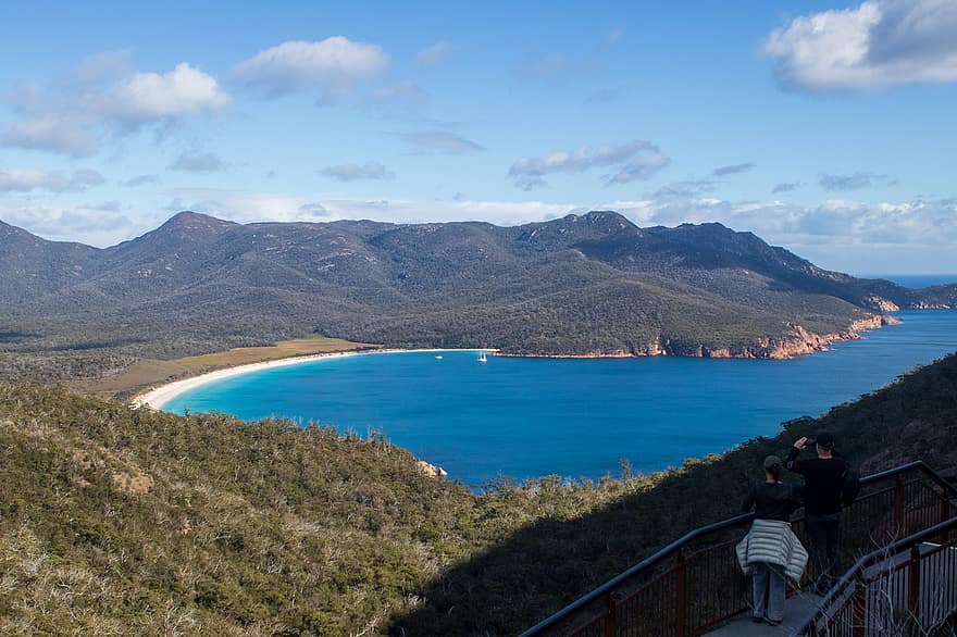Tourists, Beach, Sea, Wineglass Bay, People, Nature, Lookout, View, summer, vacations, landscape