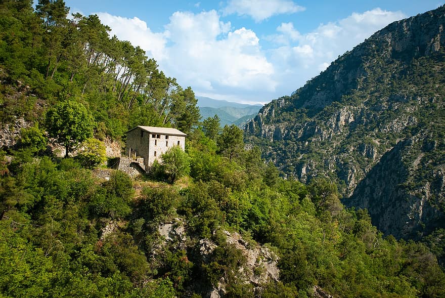 планински пейзаж, френски Алпи, изоставена къща, пейзаж, гора, природа, панорама, природа тапет