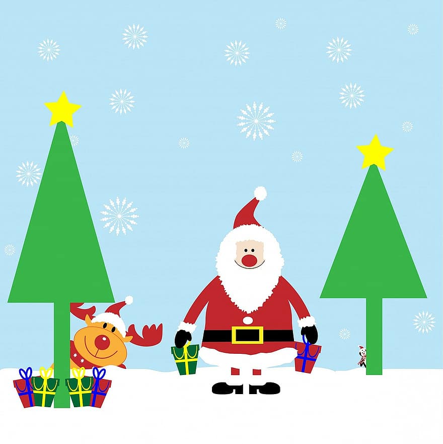 คริสต์มาส, ซานตา, ซานตาคลอส, คุณพ่อคริสต์มาส, บัตร, หิมะ, การ์ตูน, สนุก, ต้นคริสต์มาส, ของขวัญ, กวางขนาดใหญ่