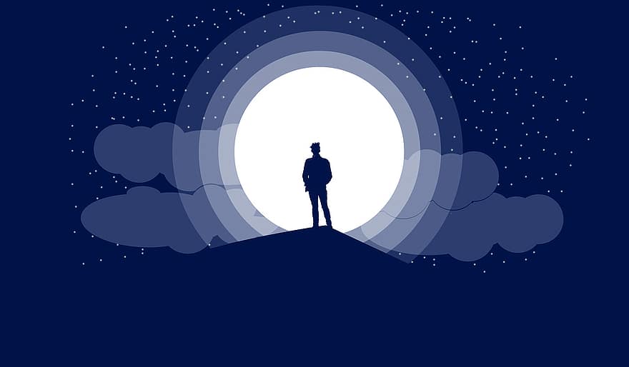 naktī, viens, cilvēks, mēness