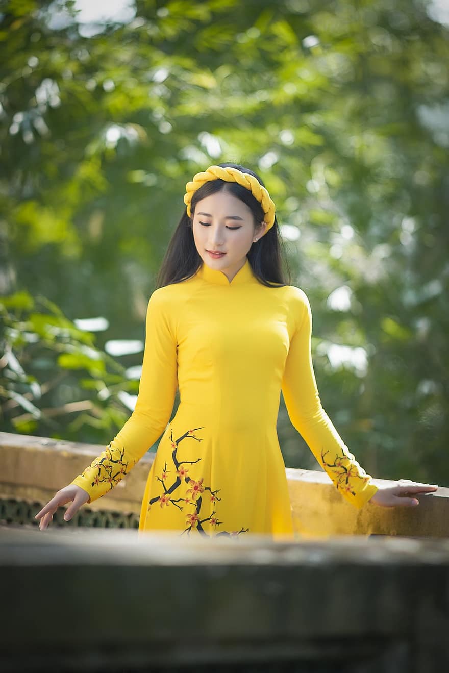 ao dai, мода, жена, виетнамски, Жълт Ао Дай, Виетнамска национална рокля, традиционен, красота, красив, красива, сладък