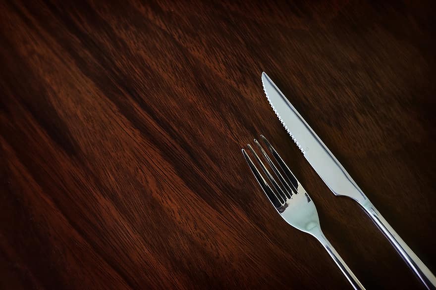 Dinnerware, Silverware, Fork, Spoon, table, wood, close-up, kitchen utensil, single object, steel, food
