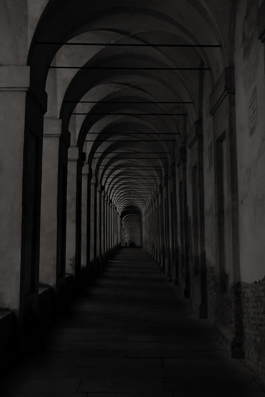Hall, Building, Italy, Bologna, architecture, black and white, christianity, arch, old, vanishing point, corridor