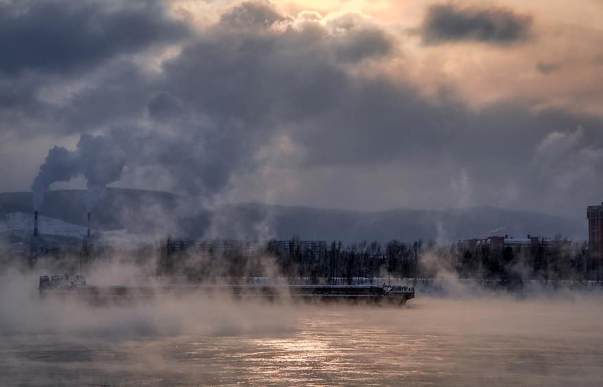rivière, brouillard, soir, gel, écologie, Sibérie, Russie, réflexion, Yenisei, Krasnoyarsk, promenade