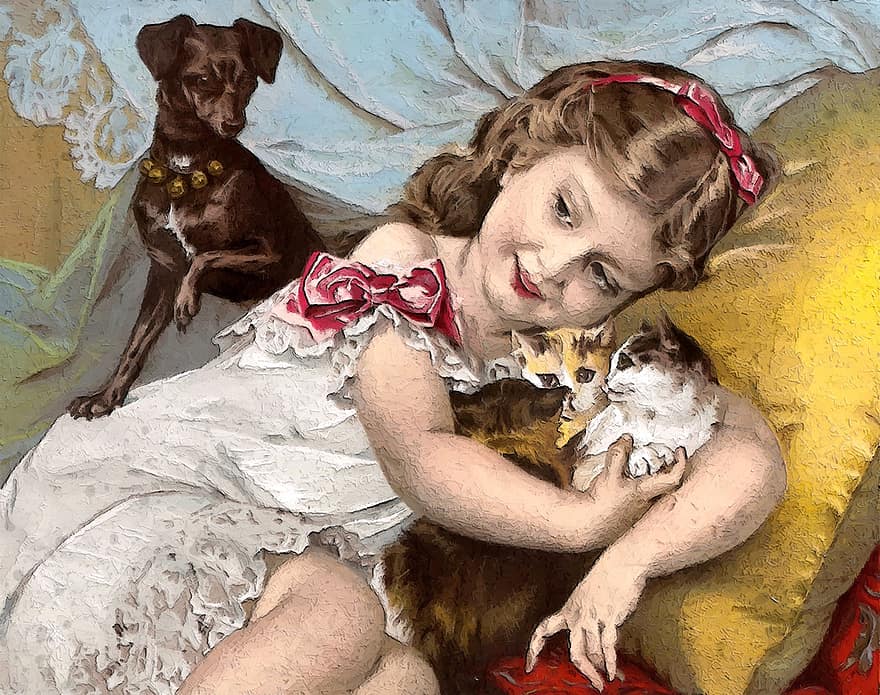 마이 리틀 큐티, 착한 애, 고양이, 개, 고양이 새끼, 귀엽다, 소녀, 젊은, 어린이, 권위 있는, 포도 수확