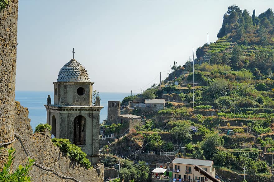 チンクエテッレ、イタリア、山岳、リグーリア、海、タワー、風景、教会、有名な場所、建築、文化