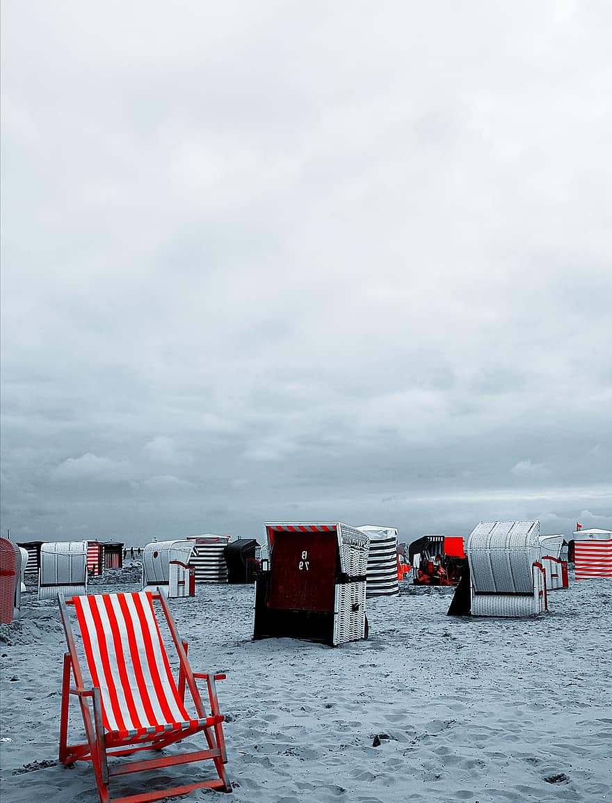 пляж, шезлонг, отпуск, море, красный