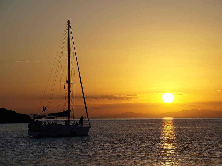 lever du soleil, Kythnos, Grèce, bateau à voile, les vacances, navire, méditerranéen, mer, voile, bateau, ciel