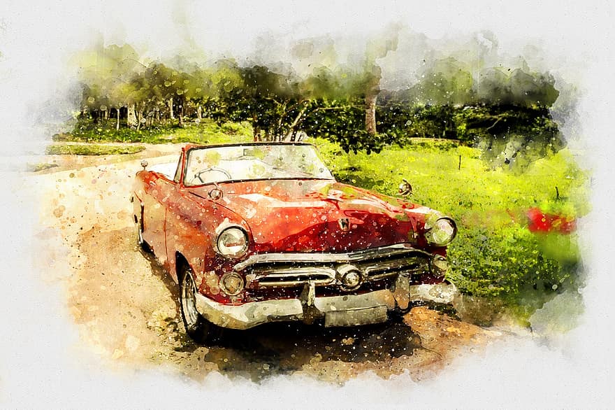 cotxe antic, cotxe, aquarel·la, vintage, disseny, retro, mà, transport, antiguitat, automòbil