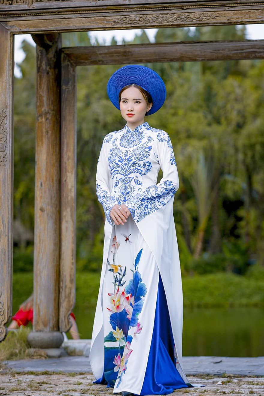 ао дай, моди, жінка, Національне плаття В’єтнаму, капелюх, сукня, традиційний, дівчина, гарненька, поза, модель
