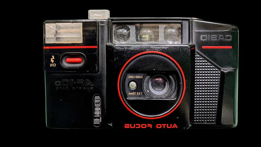 カメラ、フィルムカメラ、カシオAf-10d、カシオ、ビンテージ、古い、クラシック、黒カメラ、技術、装置、グラフィック機器
