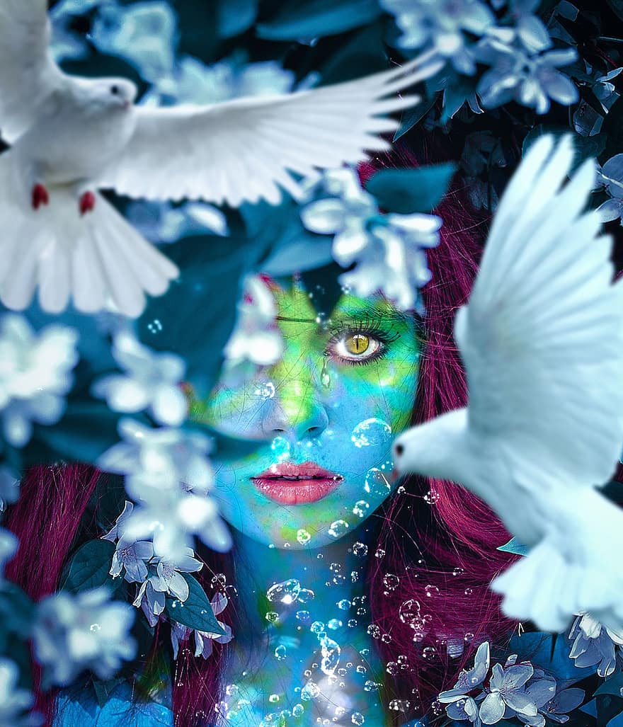 fantazija, siurrealistinis, svajonė, fotomontažas, mistikas, akis, mįslingas, gėlės, portretas, Originalus „Pixabay“, Photoshop
