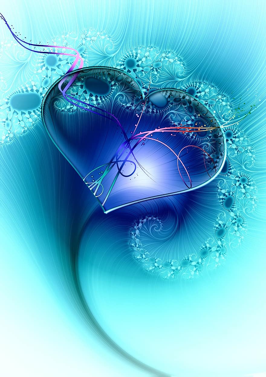 Heart, Fractal, Fractals, Romantic, Playful, Love, Greeting Card, Blue, Cold, Light, Greetings