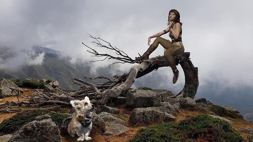 mulher, cão, montanhas, nuvens, árvore, fantasia, montanha, caminhada, aventura, floresta, mulheres