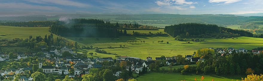 Eifel, Valley, Town, Panoram, Nature, Landscape, Forest, Highlands, Fall, Panorama, rural scene