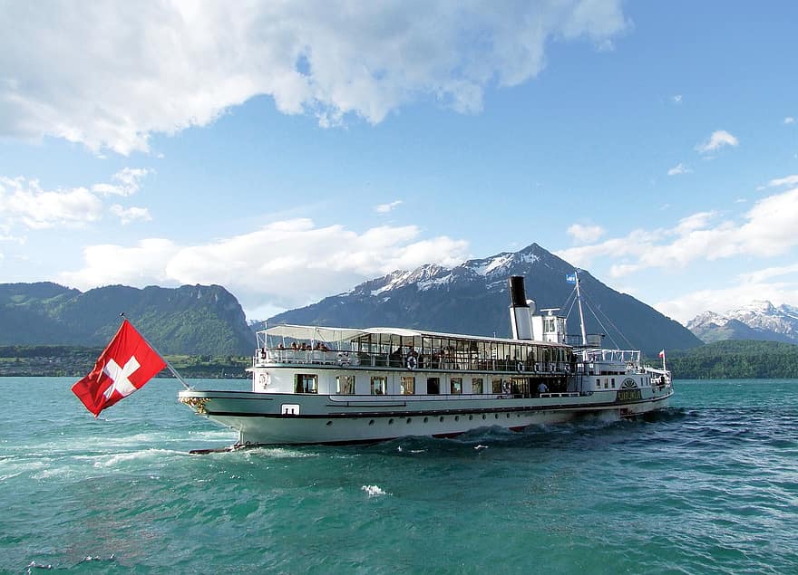 船、湖、山岳、水、旅行、ツアー、アルプス、スイス、夏、雪、遠足