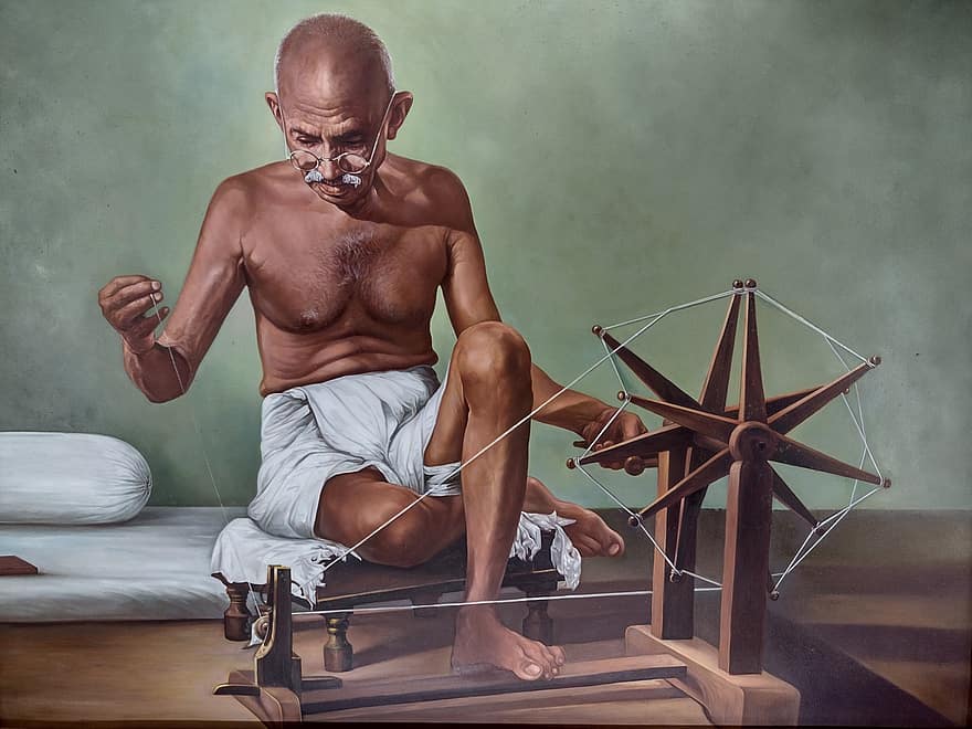 Gandhi, mahatma, Gandhiji, dom lutador, Dandi March, roda de fiar, homens, uma pessoa, machos, adulto, sentado