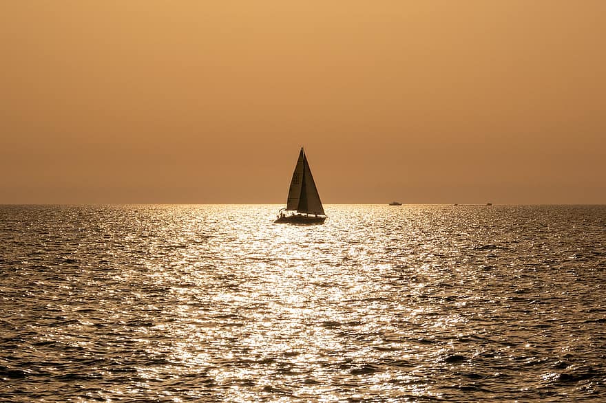 ヨット、日没、海、水、海洋、旅行、観光、セーリング、航海船、帆、帆船