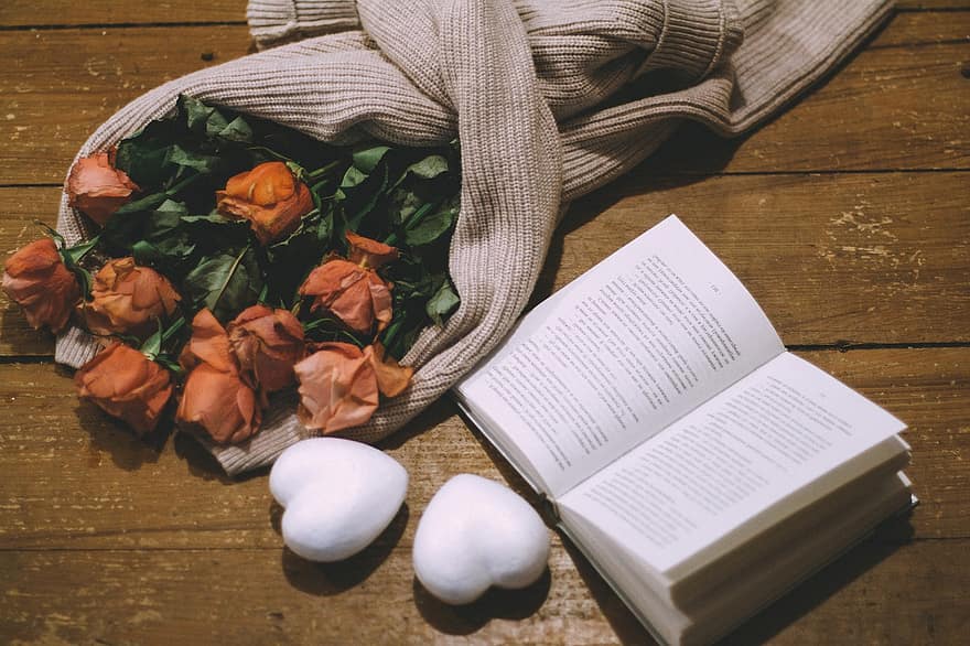 Valentine's Day, Flowers, Book, Still Life, Cozy, Cozy Aesthetic, wood, table, close-up, leaf, paper