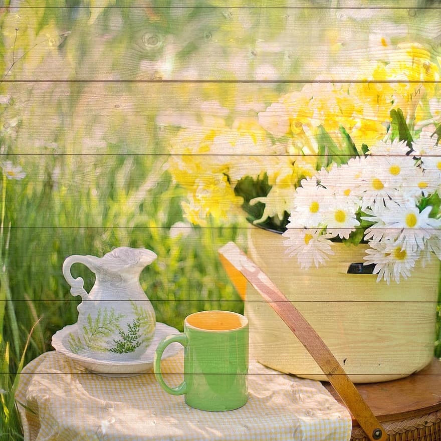 hölzerner Hintergrund, Blumen-, Tee, Picknick, Holz, romantisch, Natur, Blumen, Muster, dekorativ, Rahmen