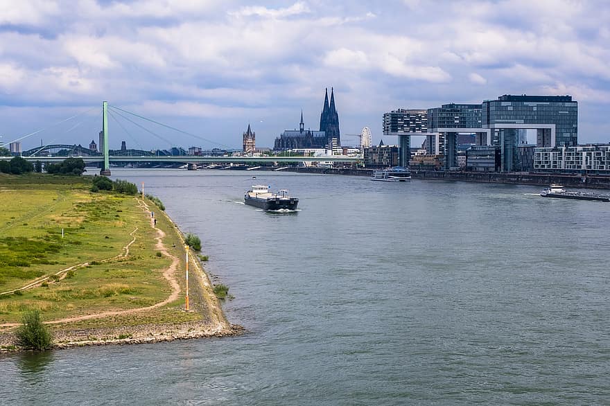 Rhinen, dom, kranhjem, elv, kirke, hus, arkitektur, bro, skip, båt, rhine skip