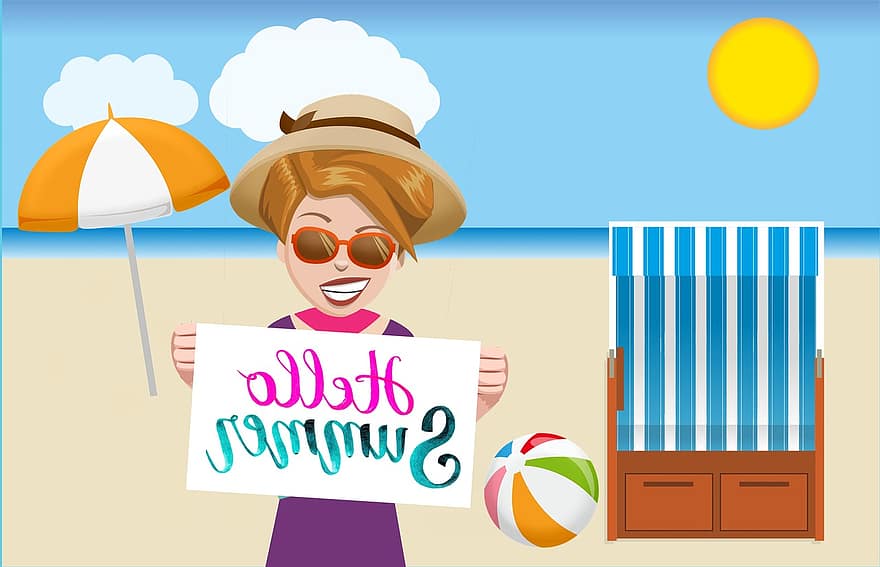 Hallo sommer, kvinne, Strand, hav, hatt, reise, solbriller, tropisk, avslapning, ball, paraply
