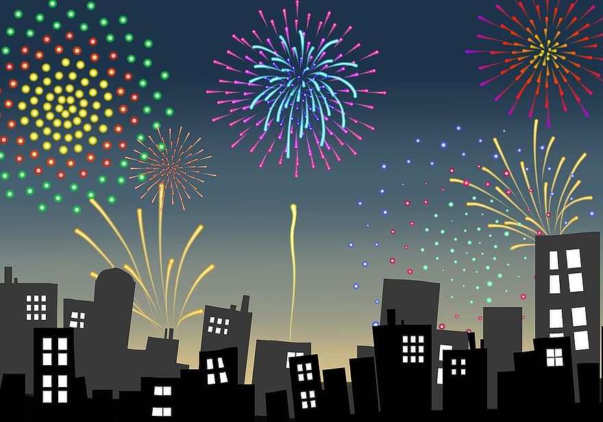 fuochi d'artificio, sfondo di fuochi d'artificio, orizzonte, cielo notturno, nuovo anno, celebrazione, 2019, Vigilia di Capodanno, festa, colorato, notte