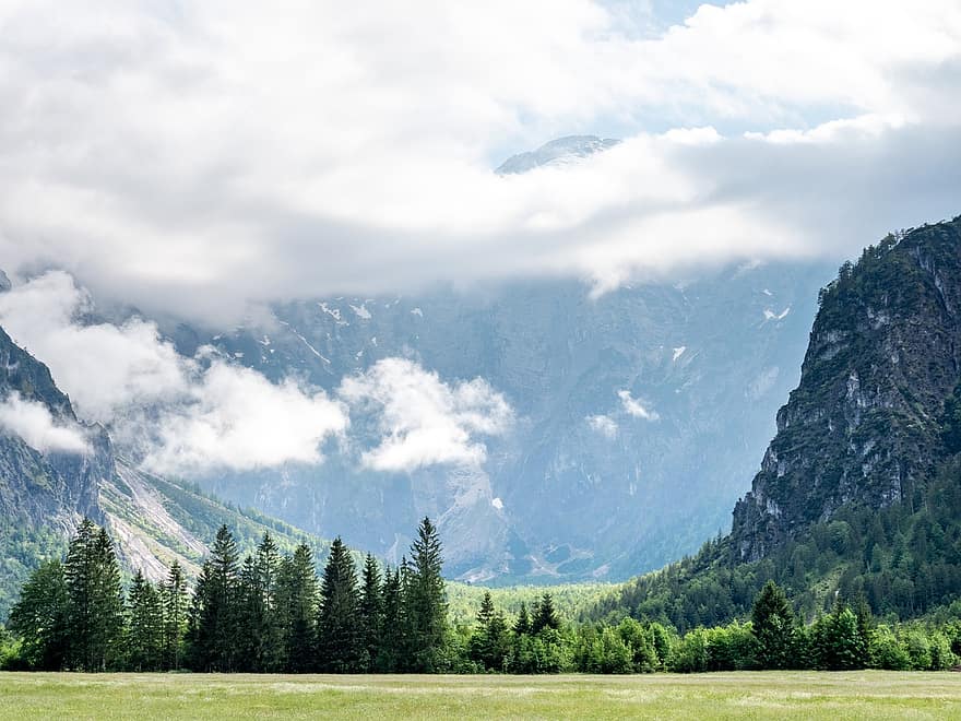 góry, Alpy, Natura, pole, chmury, krajobraz, grünau im almtal, salzkammergut, Austria, Österreich, sceneria