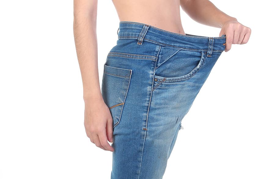 perda de peso, Calças largas, mulher, corpo, solto, jeans, menina, fêmea, cintura, peso, fino