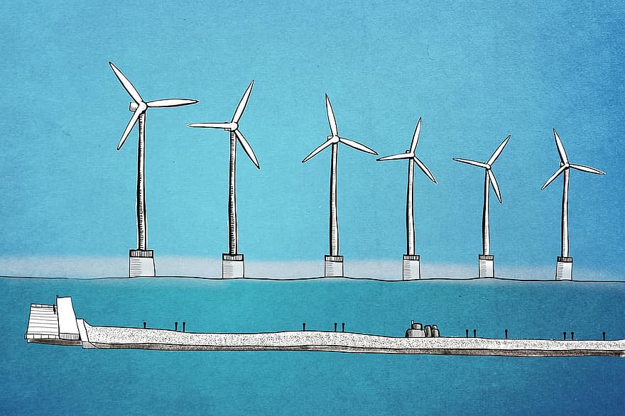 turbină eoliană, mare, ocean, albastru, desen